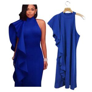 One Sleeve Ruffle Cocktail Dress Knee Length Royal Blue Women Size L